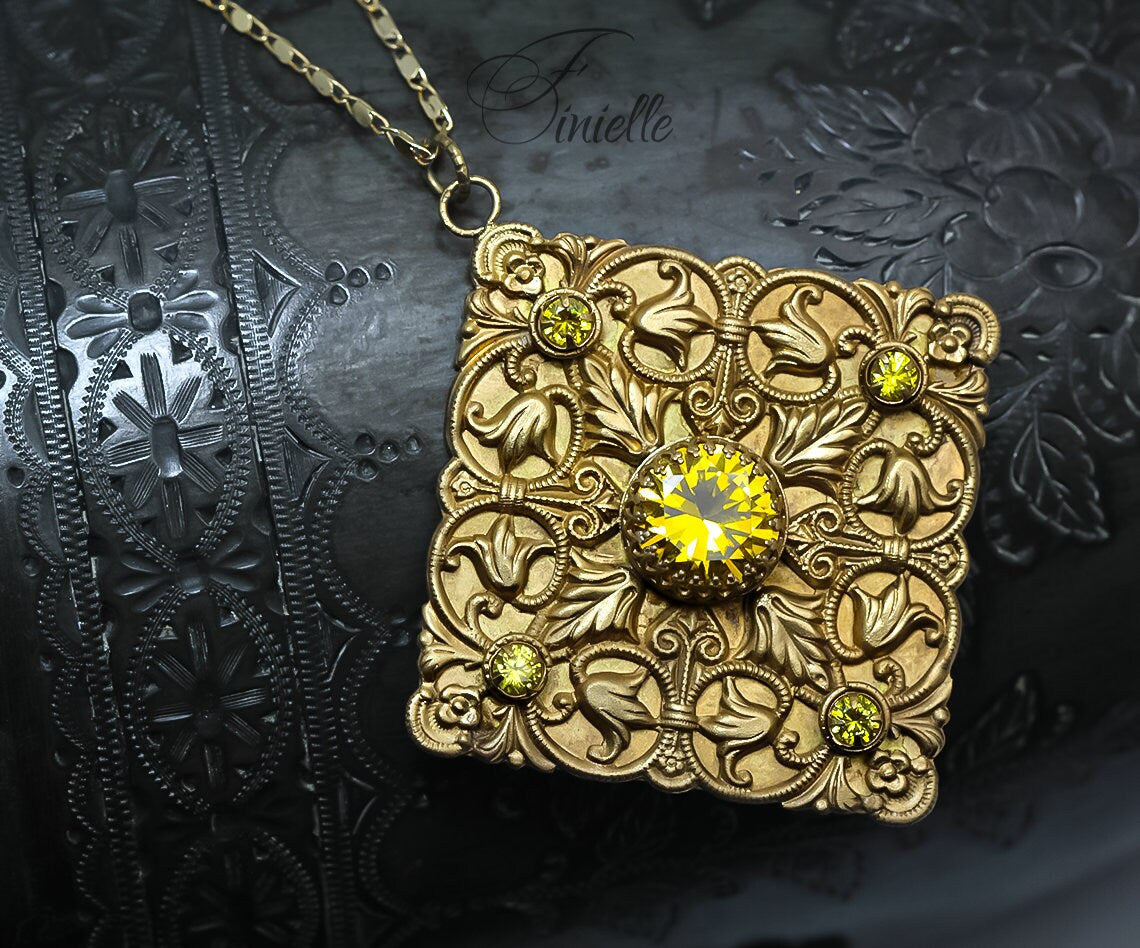 Vintage Czech 1915-1935 Art Deco Ornate Necklace, Yellow Cubic Zirconia, 24K Antique Gold Plated Pendant and Chain, Unique Gift for Women
