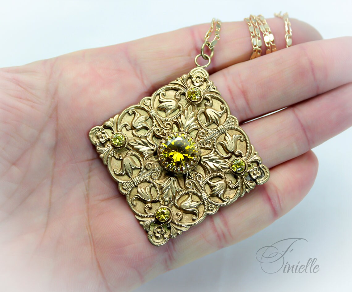 Vintage Czech 1915-1935 Art Deco Ornate Necklace, Yellow Cubic Zirconia, 24K Antique Gold Plated Pendant and Chain, Unique Gift for Women