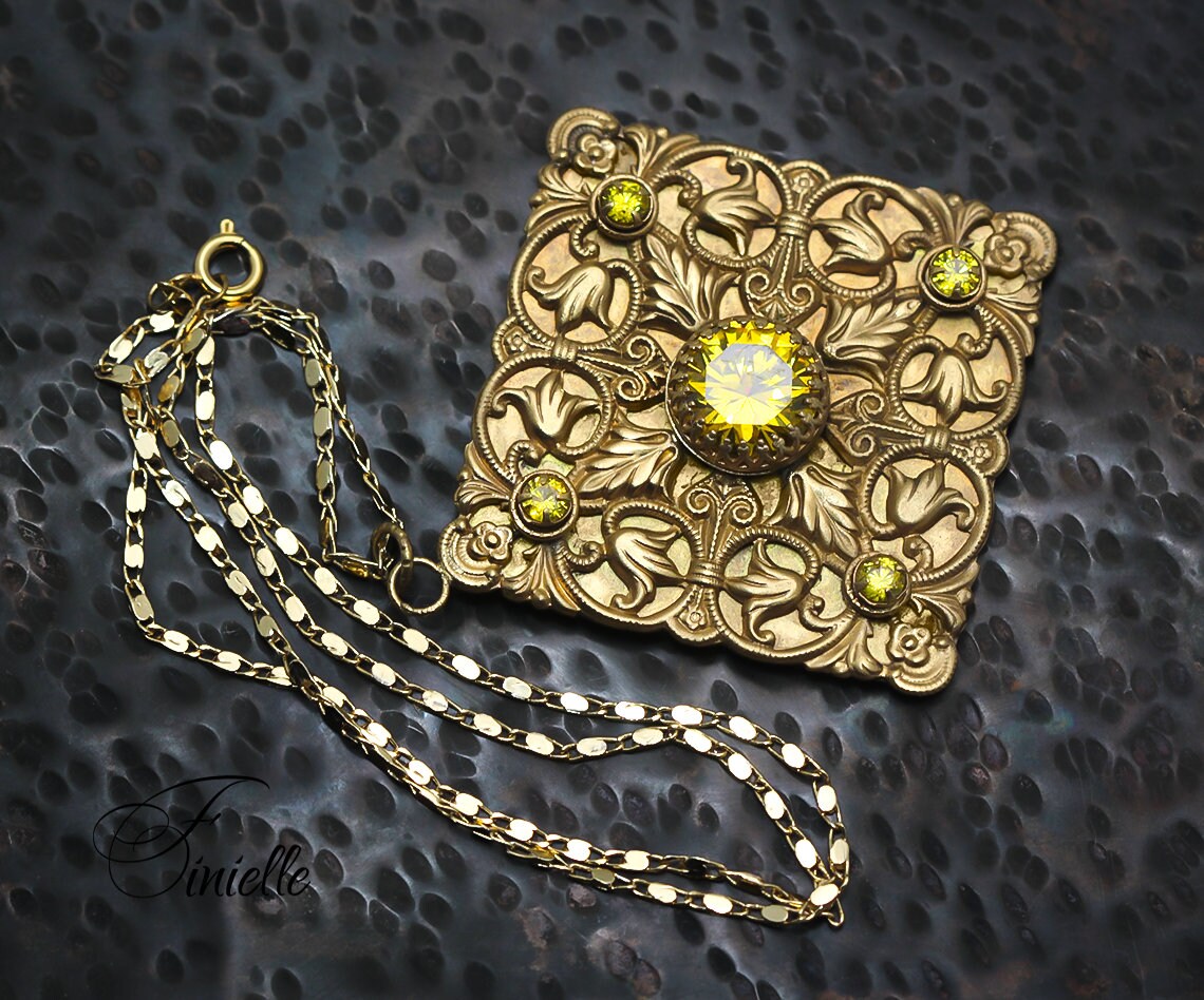 Vintage Czech 1915-1935 Art Deco Ornate Necklace, Yellow Cubic Zirconia, 24K Antique Gold Plated Pendant and Chain, Unique Gift for Women