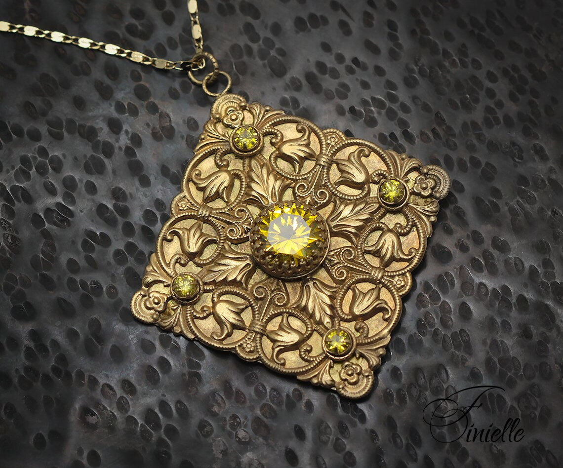 Vintage Czech 1915-1935 Art Deco Ornate Necklace, Yellow Cubic Zirconia, 24K Antique Gold Plated Pendant and Chain, Unique Gift for Women