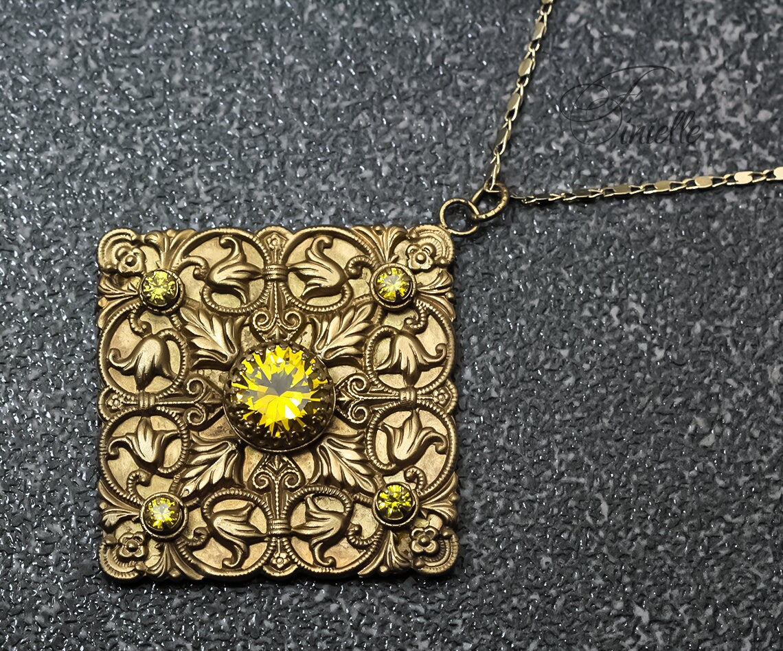 Vintage Czech 1915-1935 Art Deco Ornate Necklace, Yellow Cubic Zirconia, 24K Antique Gold Plated Pendant and Chain, Unique Gift for Women