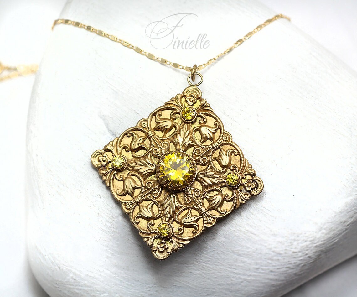 Vintage Czech 1915-1935 Art Deco Ornate Necklace, Yellow Cubic Zirconia, 24K Antique Gold Plated Pendant and Chain, Unique Gift for Women