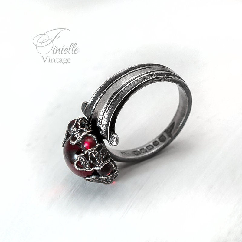 Large Vintage Silver Plated Ornate Spoon Ring | Moonglow Bohemian Red Glass | Antique Gothic Style Jewellery | Unique Gift for Women