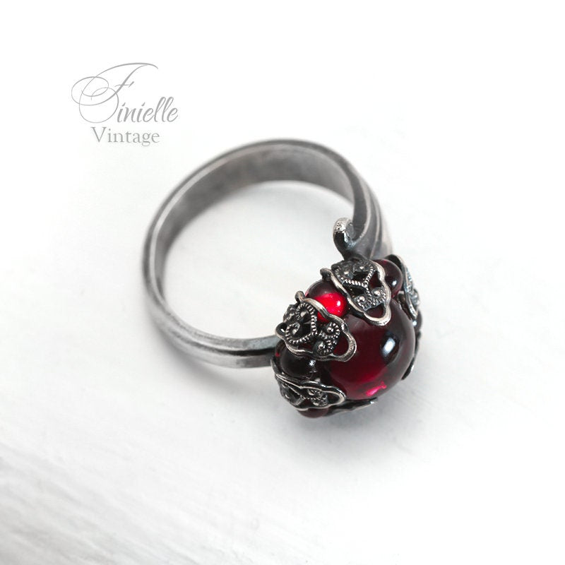Large Vintage Silver Plated Ornate Spoon Ring | Moonglow Bohemian Red Glass | Antique Gothic Style Jewellery | Unique Gift for Women