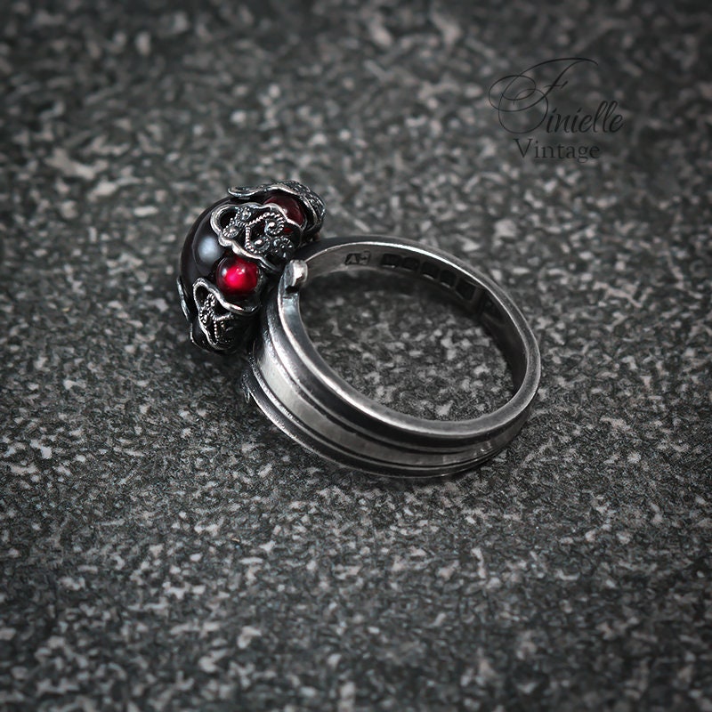 Large Vintage Silver Plated Ornate Spoon Ring | Moonglow Bohemian Red Glass | Antique Gothic Style Jewellery | Unique Gift for Women