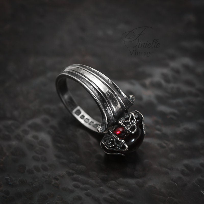 Large Vintage Silver Plated Ornate Spoon Ring | Moonglow Bohemian Red Glass | Antique Gothic Style Jewellery | Unique Gift for Women