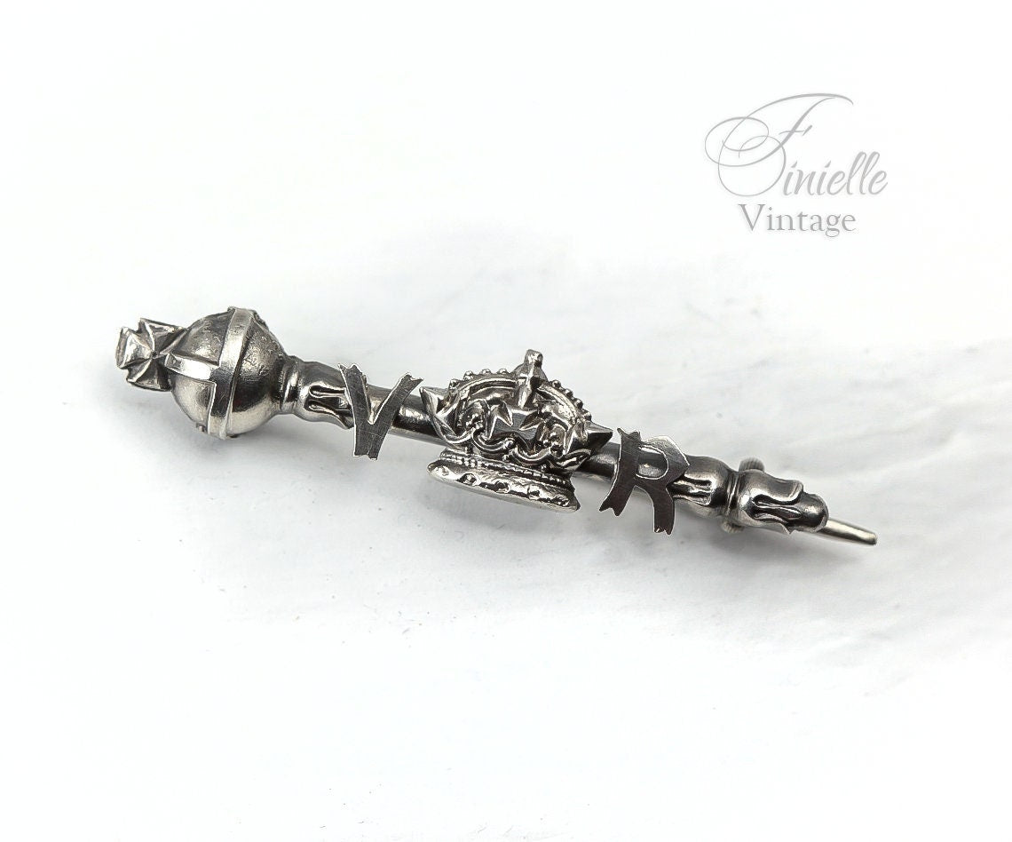 Sterling Silver Victorian 1837 | Queen Victoria Coronation Sceptre & Crown 'V R' Brooch | Antique Vintage Jewelry Jewellery | Rare Item