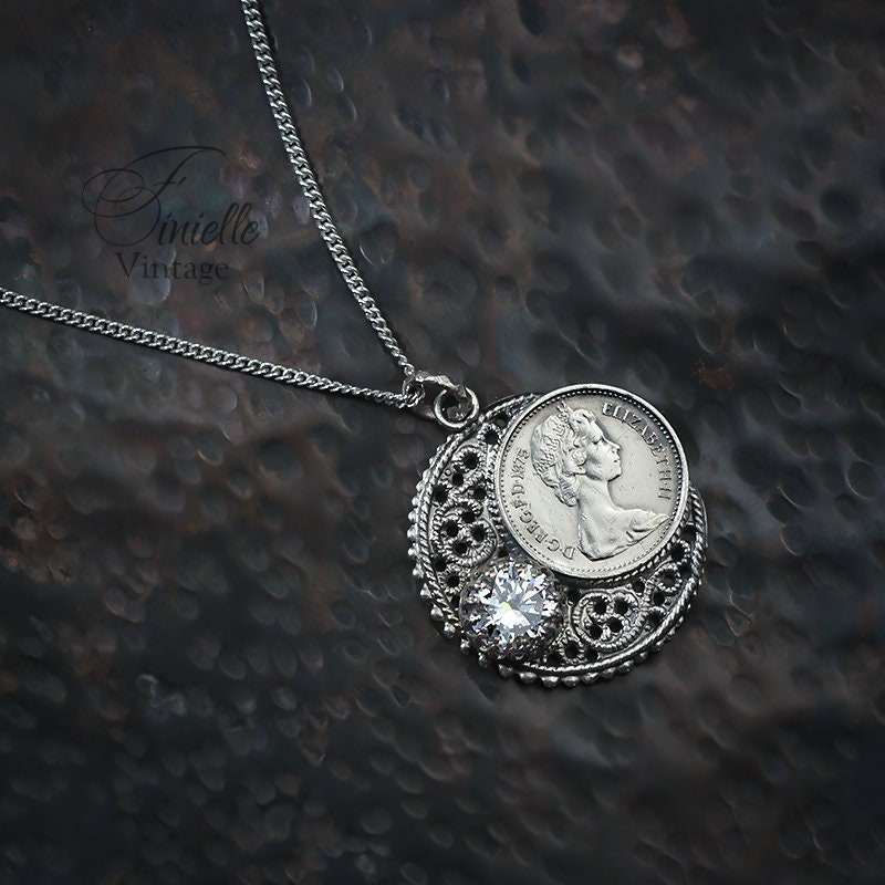Vintage 1975 Lucky Half Penny Coin Charm Pendant Necklace | Antique Silver Plate | Sterling Silver Chain | Unique Birthday Gift