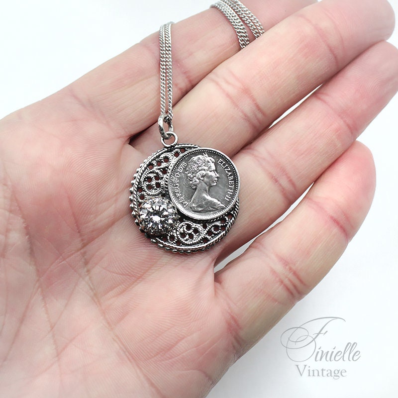 Vintage 1975 Lucky Half Penny Coin Charm Pendant Necklace | Antique Silver Plate | Sterling Silver Chain | Unique Birthday Gift