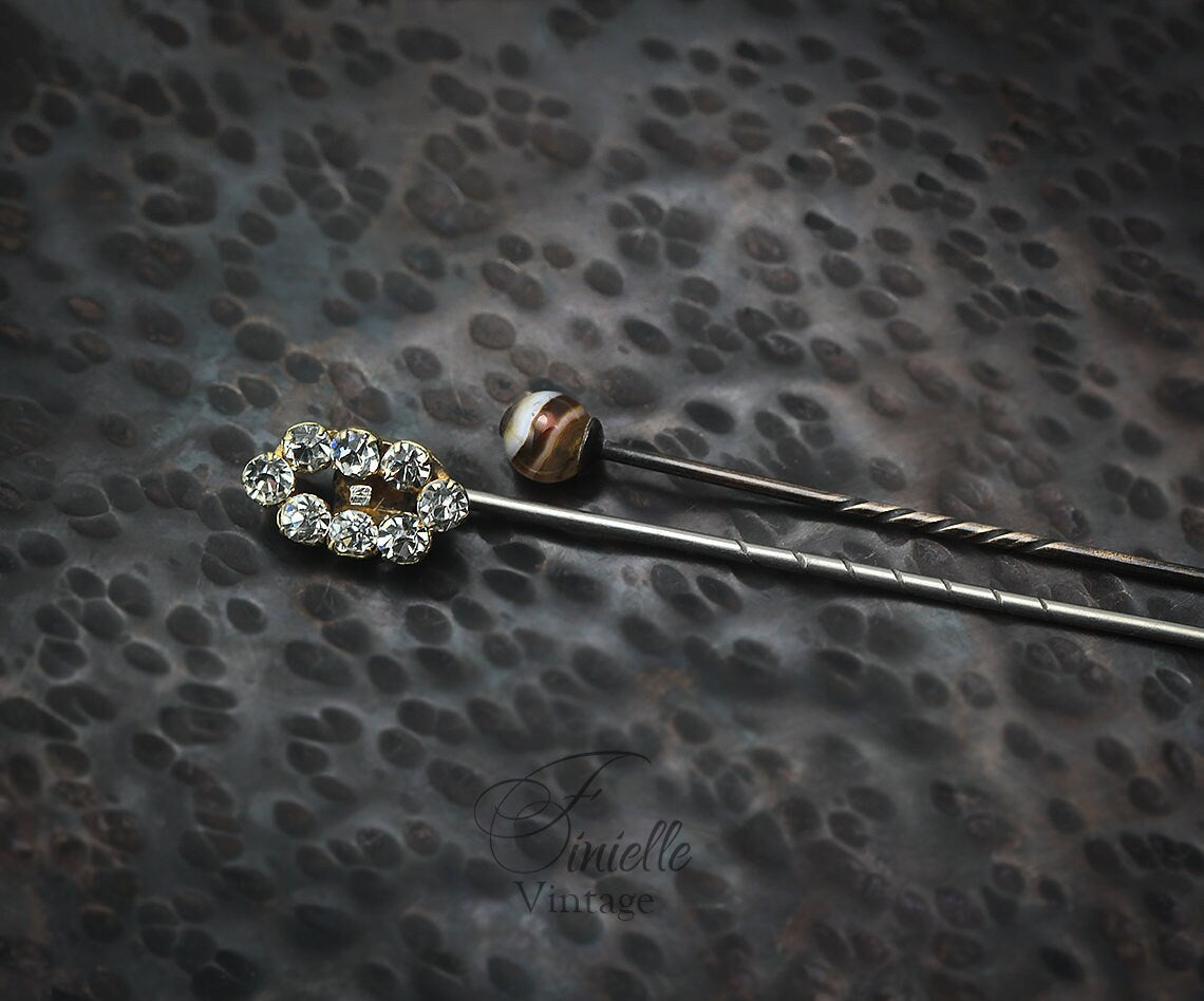 Victorian / Edwardian Era glass-topped and paste stones hat pins, Hatpin, Stick Pins, Antique Vintage Jewelry Jewellery