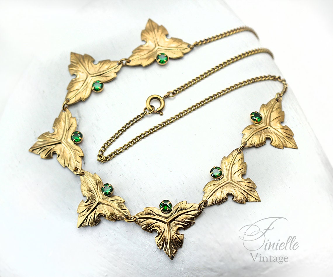Vintage Art Deco 1915-1935 Gilded Floral Necklace, Emerald Green Rhinestone Glass, Yellow Tone Unique Jewelry, Jewellery, Gift for Woman