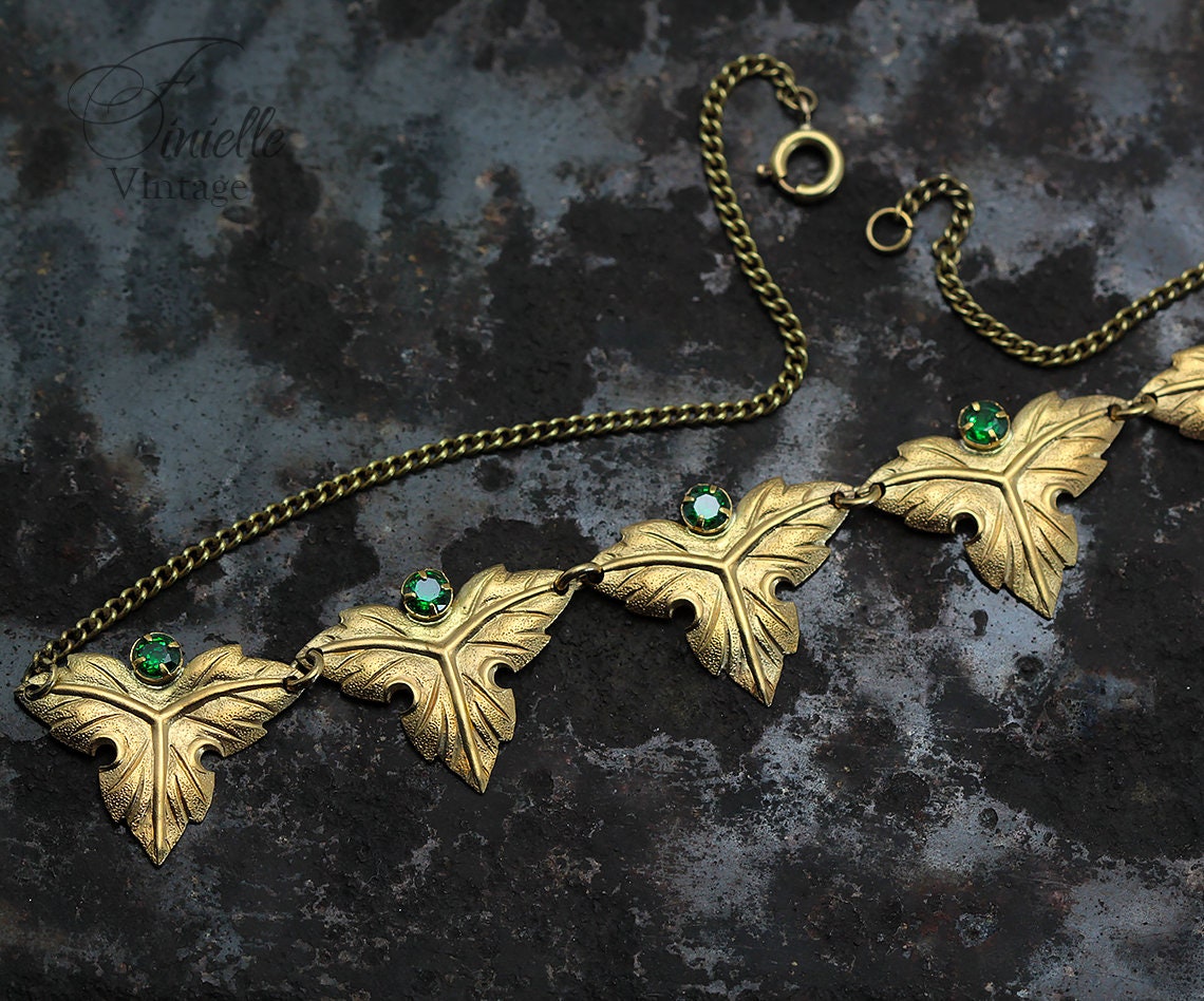 Vintage Art Deco 1915-1935 Gilded Floral Necklace, Emerald Green Rhinestone Glass, Yellow Tone Unique Jewelry, Jewellery, Gift for Woman