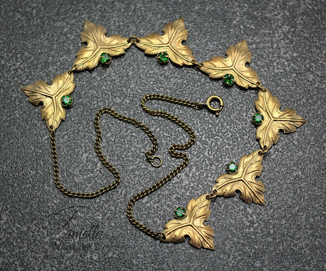 Vintage Art Deco 1915-1935 Gilded Floral Necklace, Emerald Green Rhinestone Glass, Yellow Tone Unique Jewelry, Jewellery, Gift for Woman