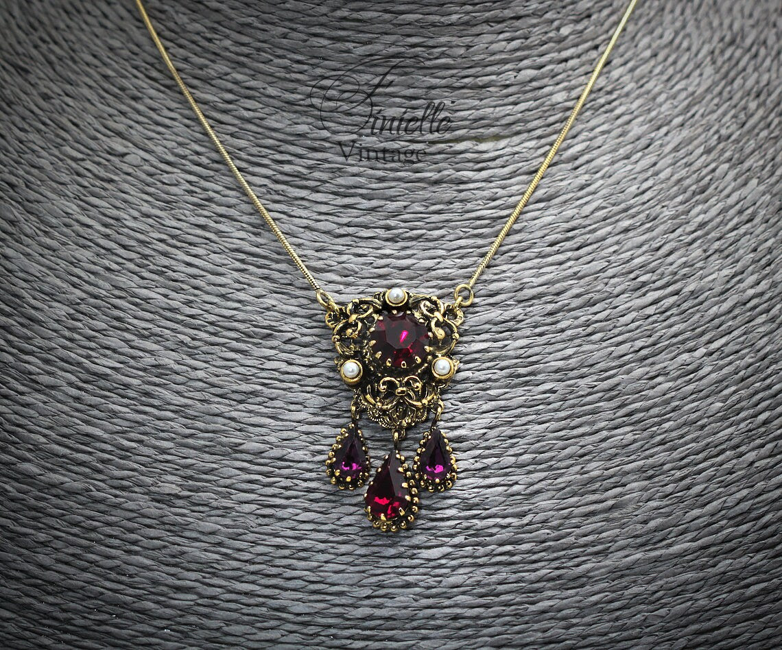 Vintage 1915-1935 Repurposed One, Art Deco Czech Necklace Pendant, Purple Red Bohemian Glass, Rhinestone, Pearls, Gold Plated Jewelry
