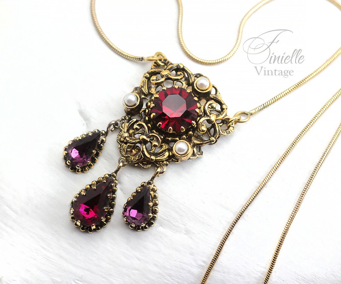 Vintage 1915-1935 Repurposed One, Art Deco Czech Necklace Pendant, Purple Red Bohemian Glass, Rhinestone, Pearls, Gold Plated Jewelry