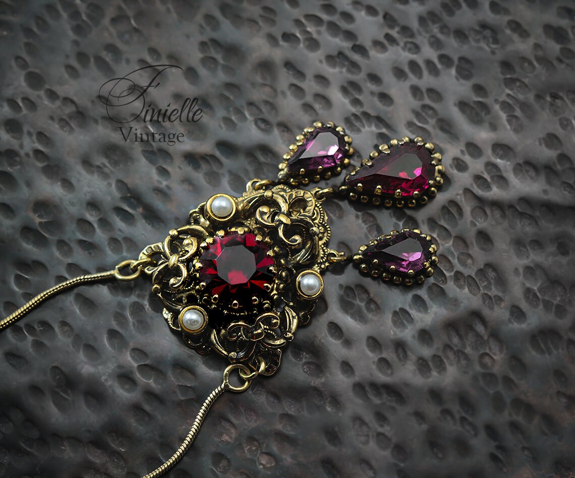 Vintage 1915-1935 Repurposed One, Art Deco Czech Necklace Pendant, Purple Red Bohemian Glass, Rhinestone, Pearls, Gold Plated Jewelry