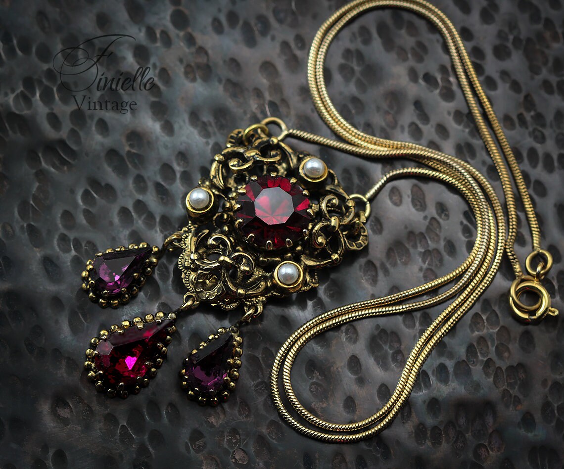 Vintage 1915-1935 Repurposed One, Art Deco Czech Necklace Pendant, Purple Red Bohemian Glass, Rhinestone, Pearls, Gold Plated Jewelry