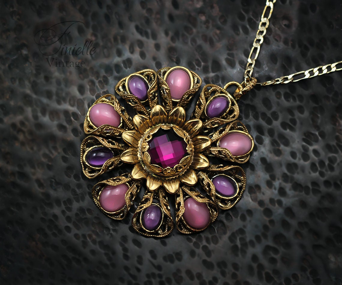 Vintage 1915-1930 Repurposed One, Art Deco Czech Necklace Pendant, Purple Pink Bohemian Glass, Rhinestone, Gold Plated Pendant and Chain
