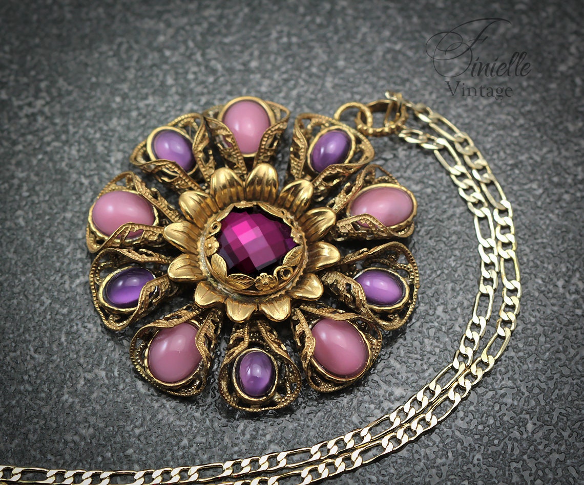 Vintage 1915-1930 Repurposed One, Art Deco Czech Necklace Pendant, Purple Pink Bohemian Glass, Rhinestone, Gold Plated Pendant and Chain