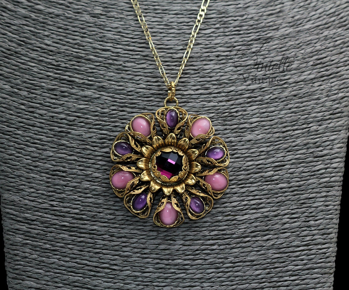 Vintage 1915-1930 Repurposed One, Art Deco Czech Necklace Pendant, Purple Pink Bohemian Glass, Rhinestone, Gold Plated Pendant and Chain