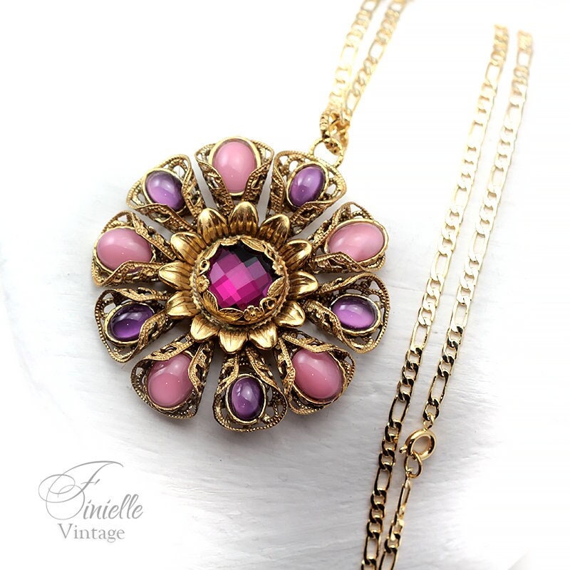 Vintage 1915-1930 Repurposed One, Art Deco Czech Necklace Pendant, Purple Pink Bohemian Glass, Rhinestone, Gold Plated Pendant and Chain