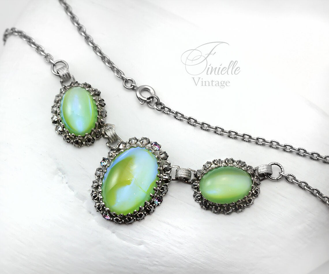 Vintage 1960-1980s Art Deco Silver Plated Necklace, Apple Green Moonglow Glass With Marcasite, Unique Jewelry, Jewellery, Gift for Woman