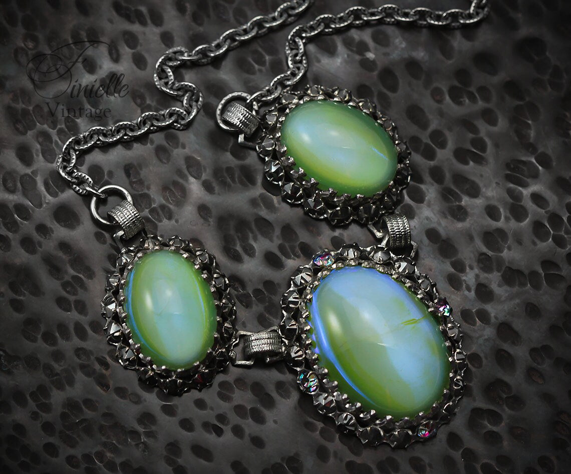 Vintage 1960-1980s Art Deco Silver Plated Necklace, Apple Green Moonglow Glass With Marcasite, Unique Jewelry, Jewellery, Gift for Woman