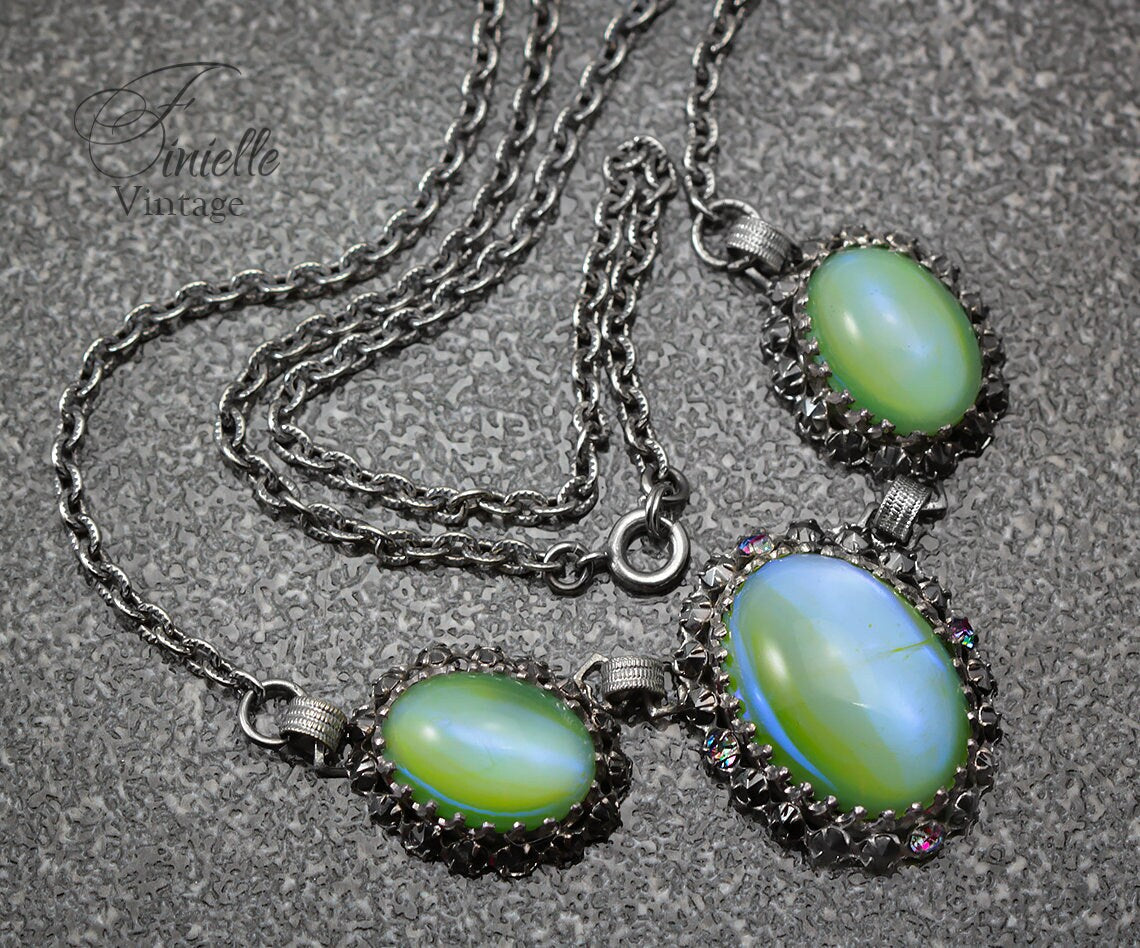 Vintage 1960-1980s Art Deco Silver Plated Necklace, Apple Green Moonglow Glass With Marcasite, Unique Jewelry, Jewellery, Gift for Woman