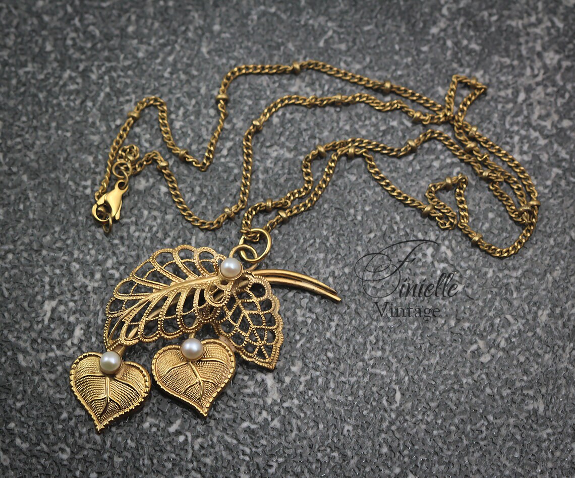 Art Deco 1950-1960s Floral, Filigree Necklace Pendant, Freshwater Pearls, Vintage Repurposed One, Jewelry, Yellow Gold Plated, Unique Gift
