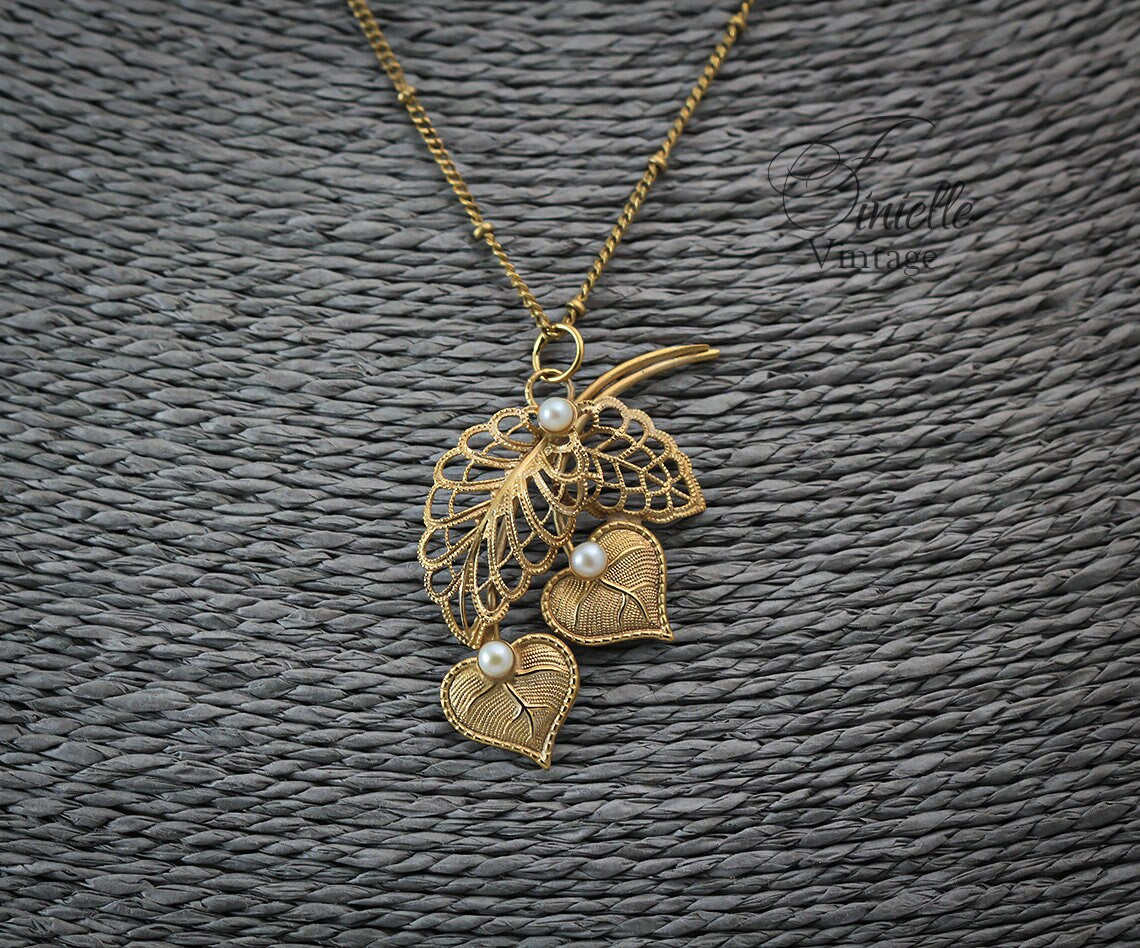 Art Deco 1950-1960s Floral, Filigree Necklace Pendant, Freshwater Pearls, Vintage Repurposed One, Jewelry, Yellow Gold Plated, Unique Gift