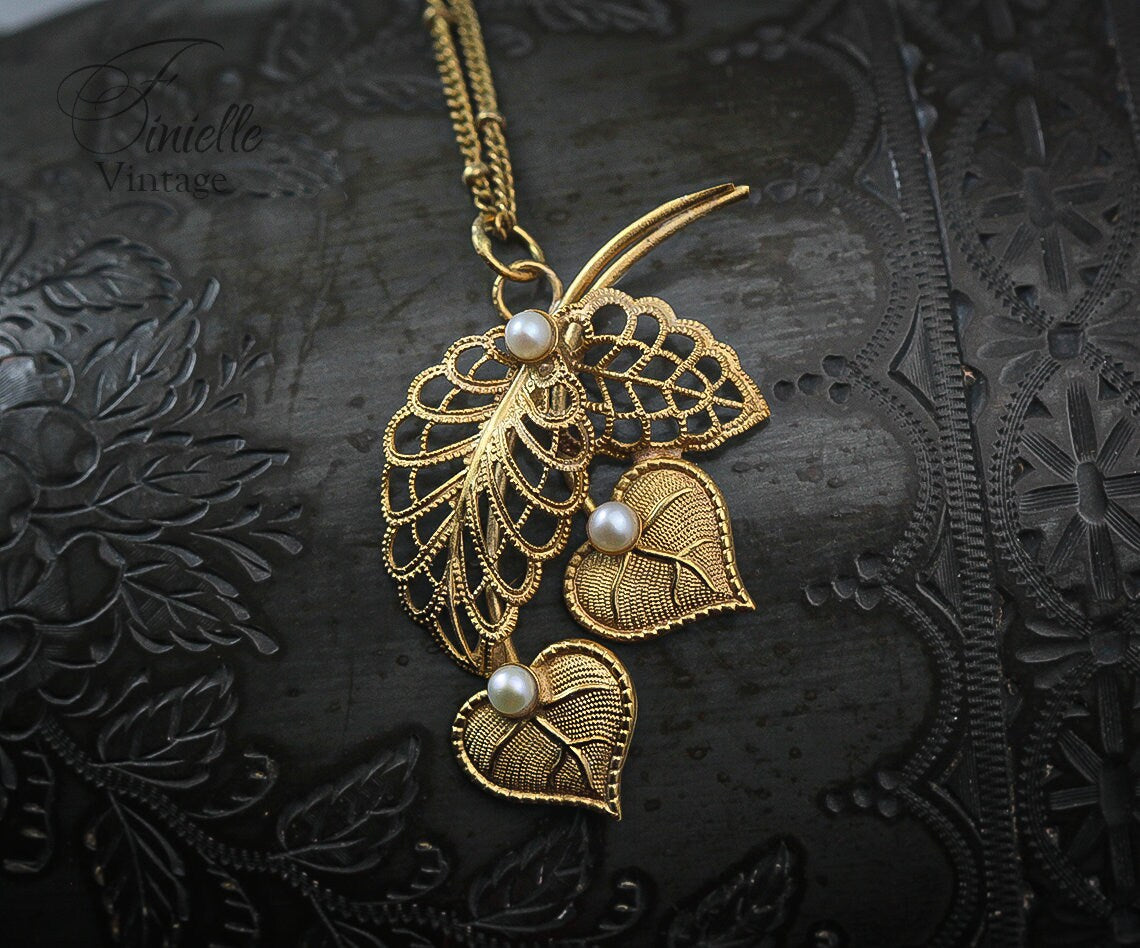 Art Deco 1950-1960s Floral, Filigree Necklace Pendant, Freshwater Pearls, Vintage Repurposed One, Jewelry, Yellow Gold Plated, Unique Gift