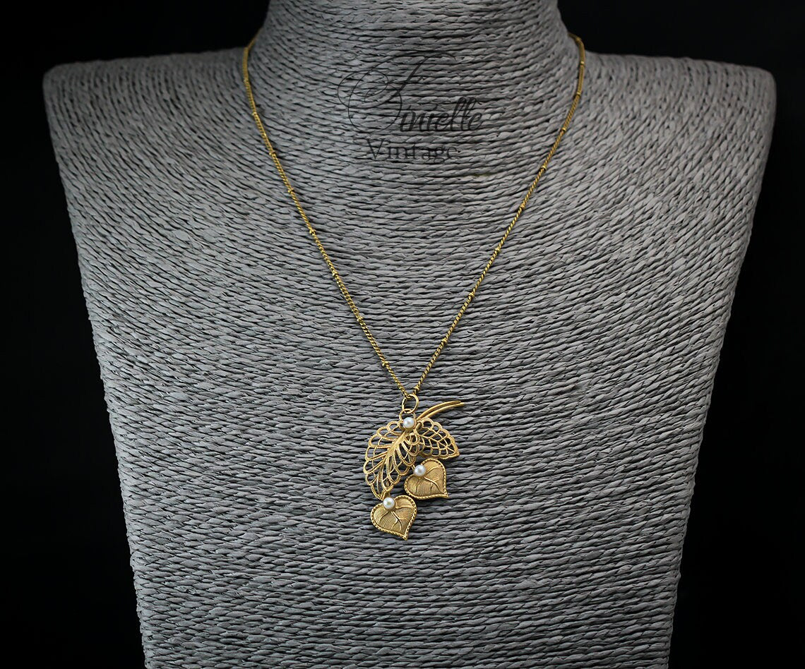Art Deco 1950-1960s Floral, Filigree Necklace Pendant, Freshwater Pearls, Vintage Repurposed One, Jewelry, Yellow Gold Plated, Unique Gift