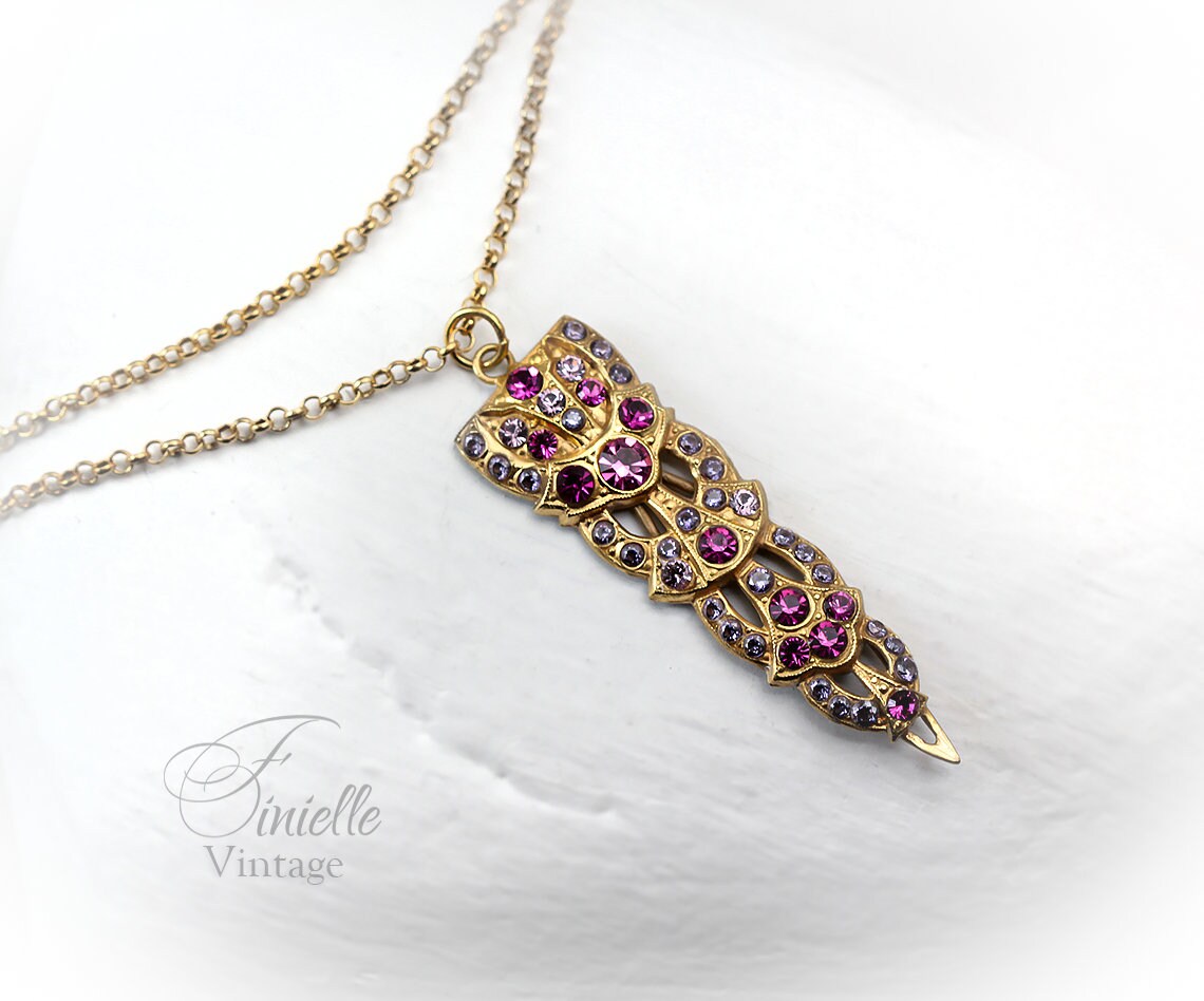 Art Deco Unique Necklace Pendant, Pink Rhinestone & Purple Zirconia, Vintage Repurposed, 24K Gold Plated, Antique jewelry gift for Women