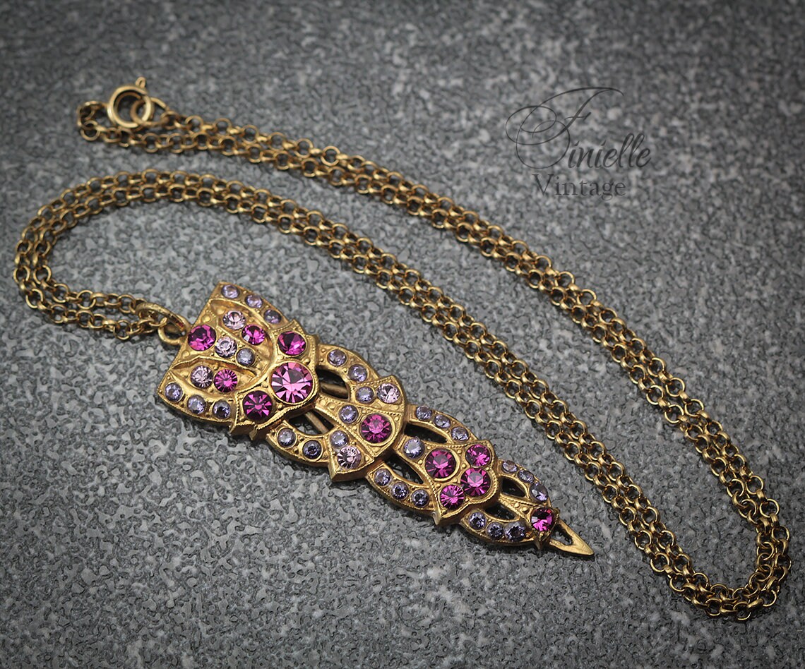 Art Deco Unique Necklace Pendant, Pink Rhinestone & Purple Zirconia, Vintage Repurposed, 24K Gold Plated, Antique jewelry gift for Women