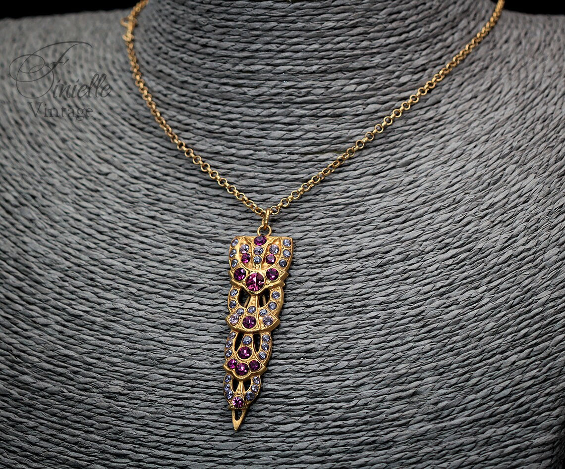 Art Deco Unique Necklace Pendant, Pink Rhinestone & Purple Zirconia, Vintage Repurposed, 24K Gold Plated, Antique jewelry gift for Women