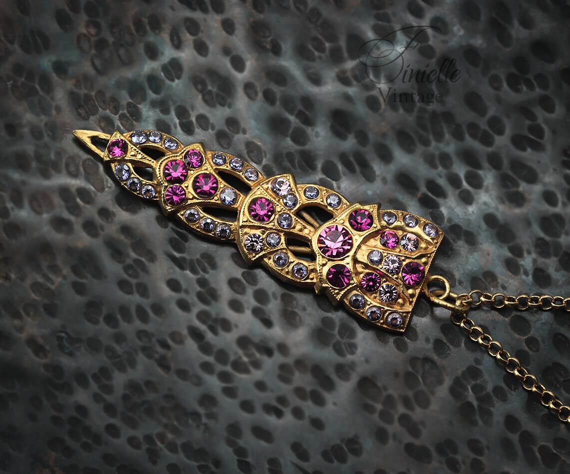 Art Deco Unique Necklace Pendant, Pink Rhinestone & Purple Zirconia, Vintage Repurposed, 24K Gold Plated, Antique jewelry gift for Women