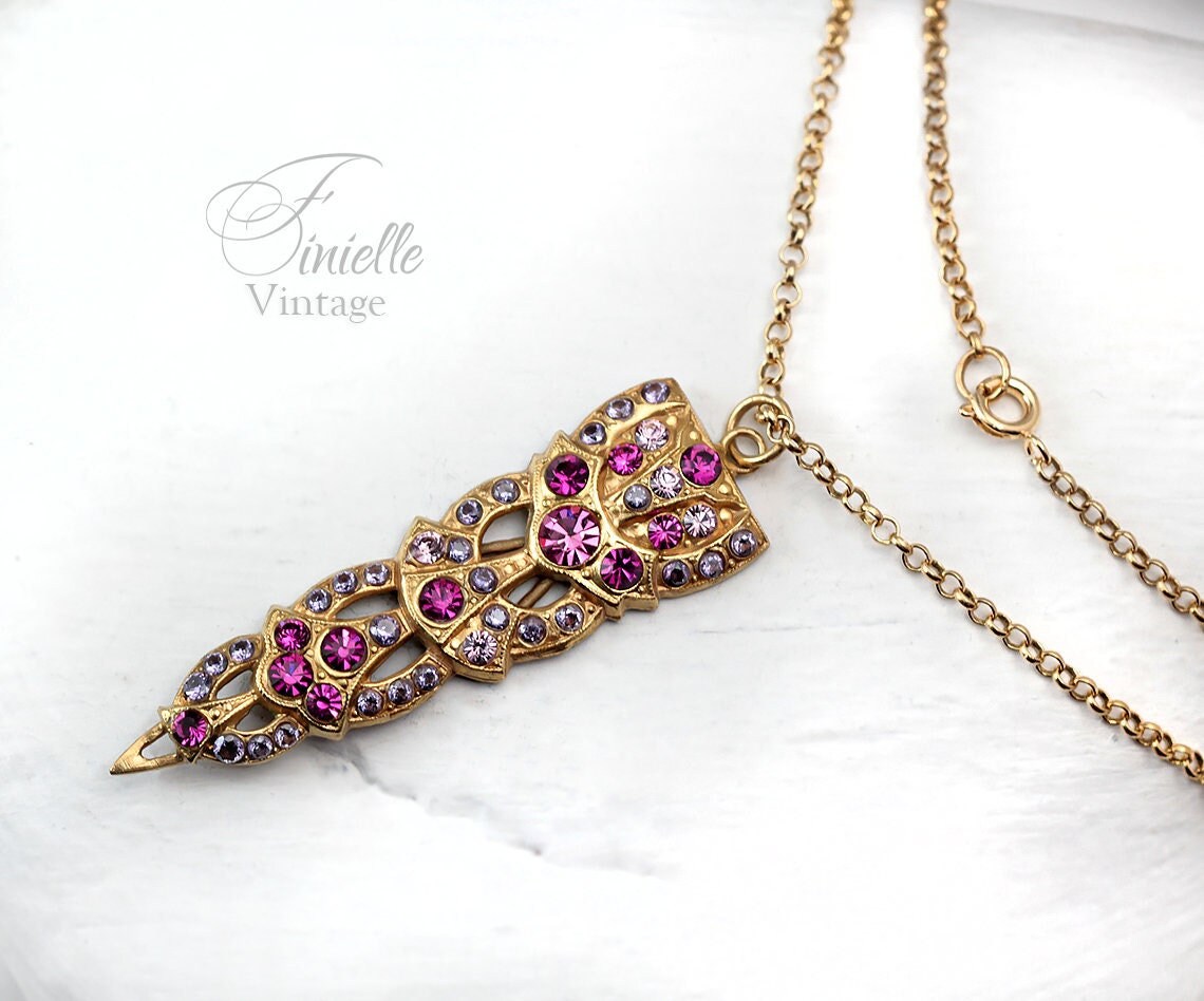 Art Deco Unique Necklace Pendant, Pink Rhinestone & Purple Zirconia, Vintage Repurposed, 24K Gold Plated, Antique jewelry gift for Women