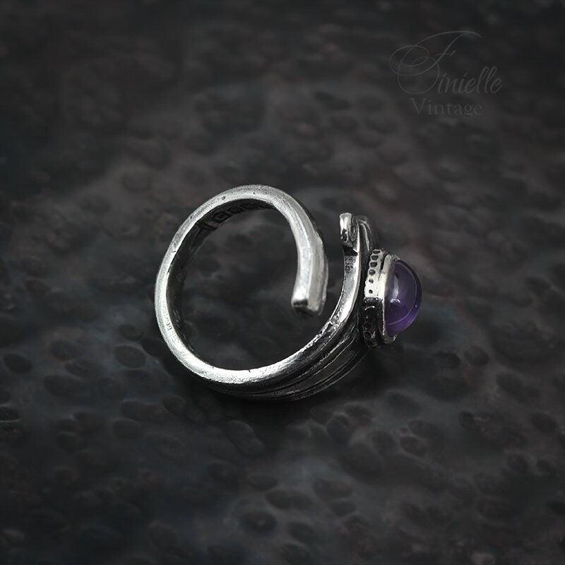 Vintage, Silver Plate Ornate Spoon Ring, Moonglow Bohemian Purple Glass, Antique Style Jewelry Jewellery, Unique Gift for Women