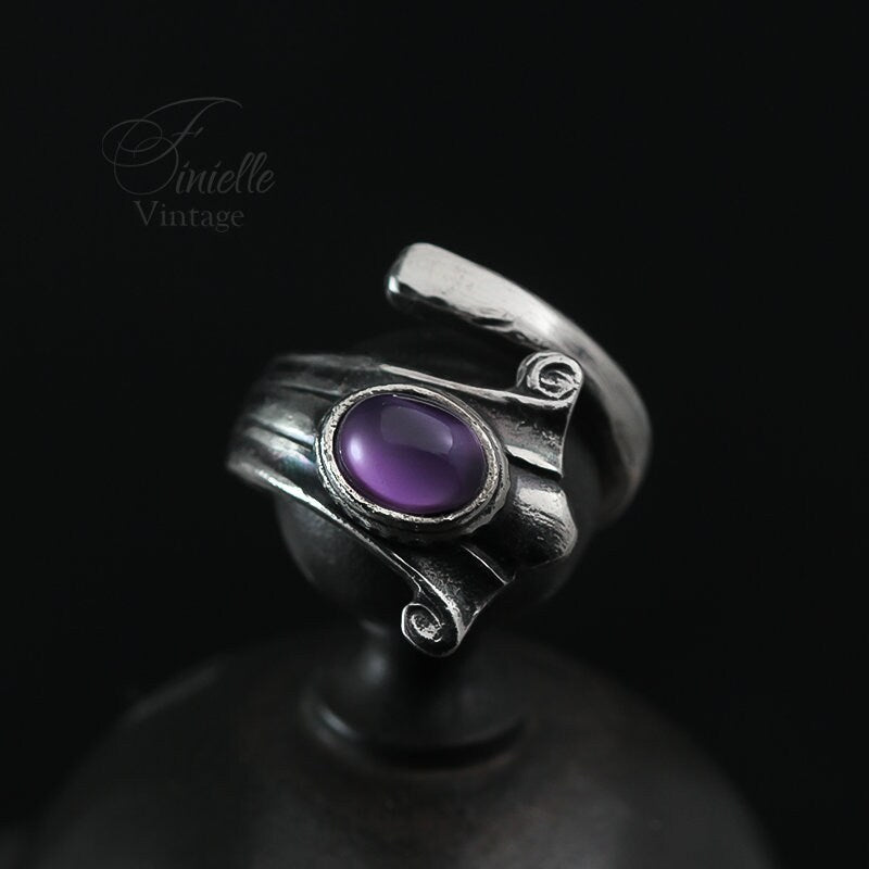 Vintage, Silver Plate Ornate Spoon Ring, Moonglow Bohemian Purple Glass, Antique Style Jewelry Jewellery, Unique Gift for Women
