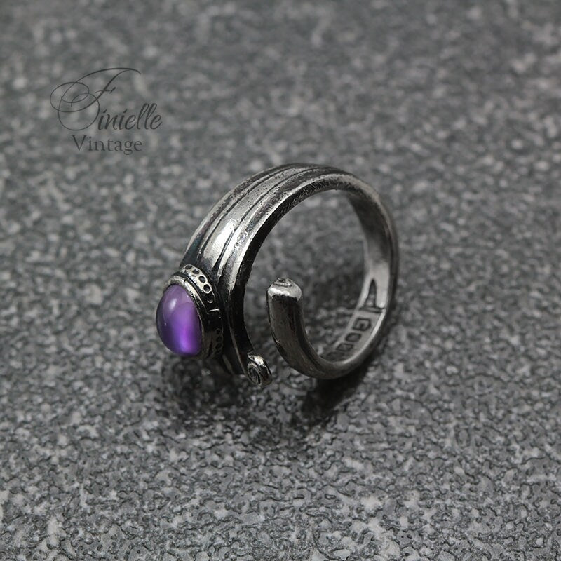 Vintage, Silver Plate Ornate Spoon Ring, Moonglow Bohemian Purple Glass, Antique Style Jewelry Jewellery, Unique Gift for Women