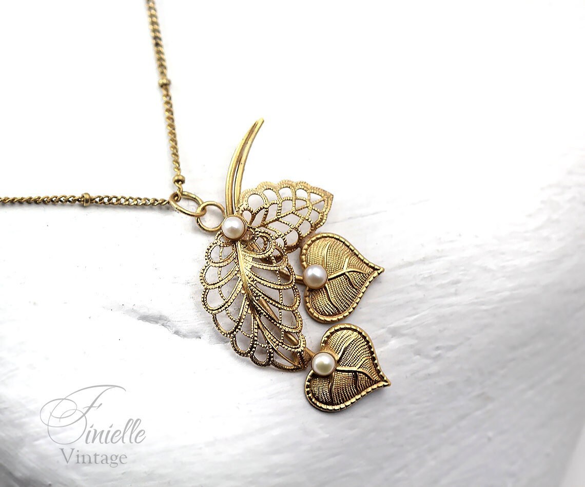 Art Deco 1950-1960s Floral, Filigree Necklace Pendant, Freshwater Pearls, Vintage Repurposed One, Jewelry, Yellow Gold Plated, Unique Gift