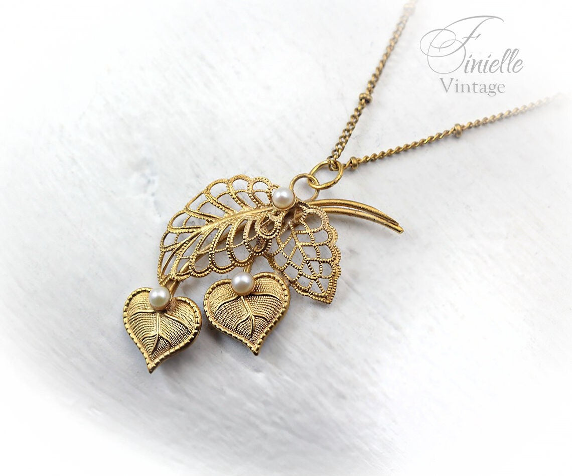 Art Deco 1950-1960s Floral, Filigree Necklace Pendant, Freshwater Pearls, Vintage Repurposed One, Jewelry, Yellow Gold Plated, Unique Gift