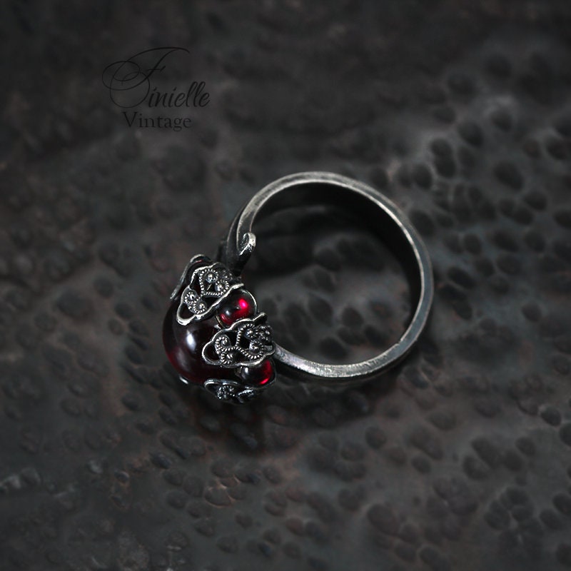 Large Vintage Silver Plated Ornate Spoon Ring | Moonglow Bohemian Red Glass | Antique Gothic Style Jewellery | Unique Gift for Women