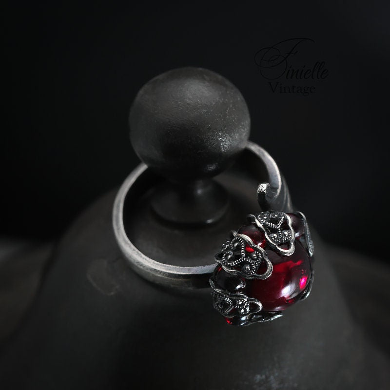 Large Vintage Silver Plated Ornate Spoon Ring | Moonglow Bohemian Red Glass | Antique Gothic Style Jewellery | Unique Gift for Women