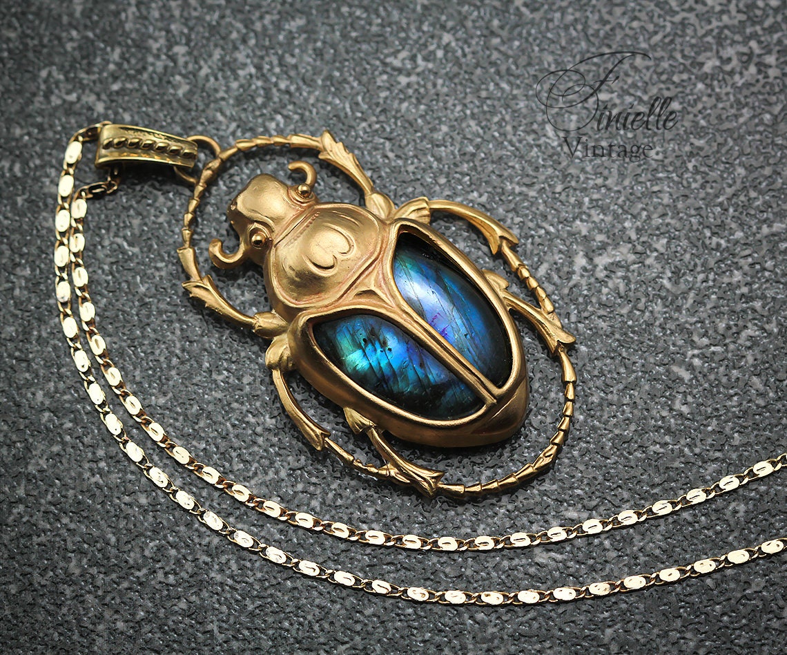 Art Deco Vintage style Egyptian Scarab Large Pendant Necklace, Antique 24k Yellow Gold Plated, Royal Blue Labradorite, Unique Gift