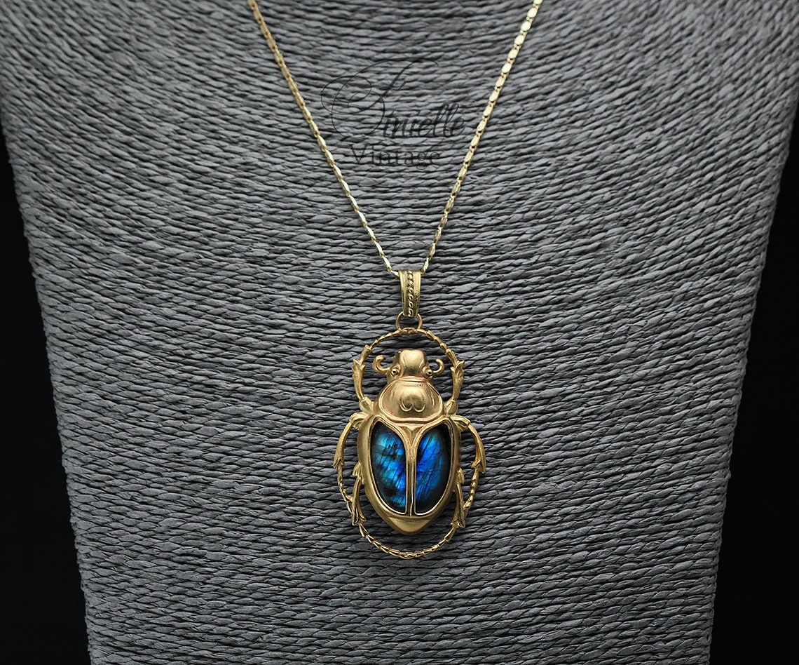 Art Deco Vintage style Egyptian Scarab Large Pendant Necklace, Antique 24k Yellow Gold Plated, Royal Blue Labradorite, Unique Gift