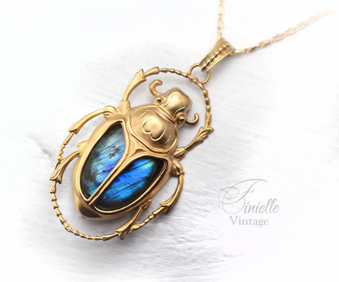 Art Deco Vintage style Egyptian Scarab Large Pendant Necklace, Antique 24k Yellow Gold Plated, Royal Blue Labradorite, Unique Gift