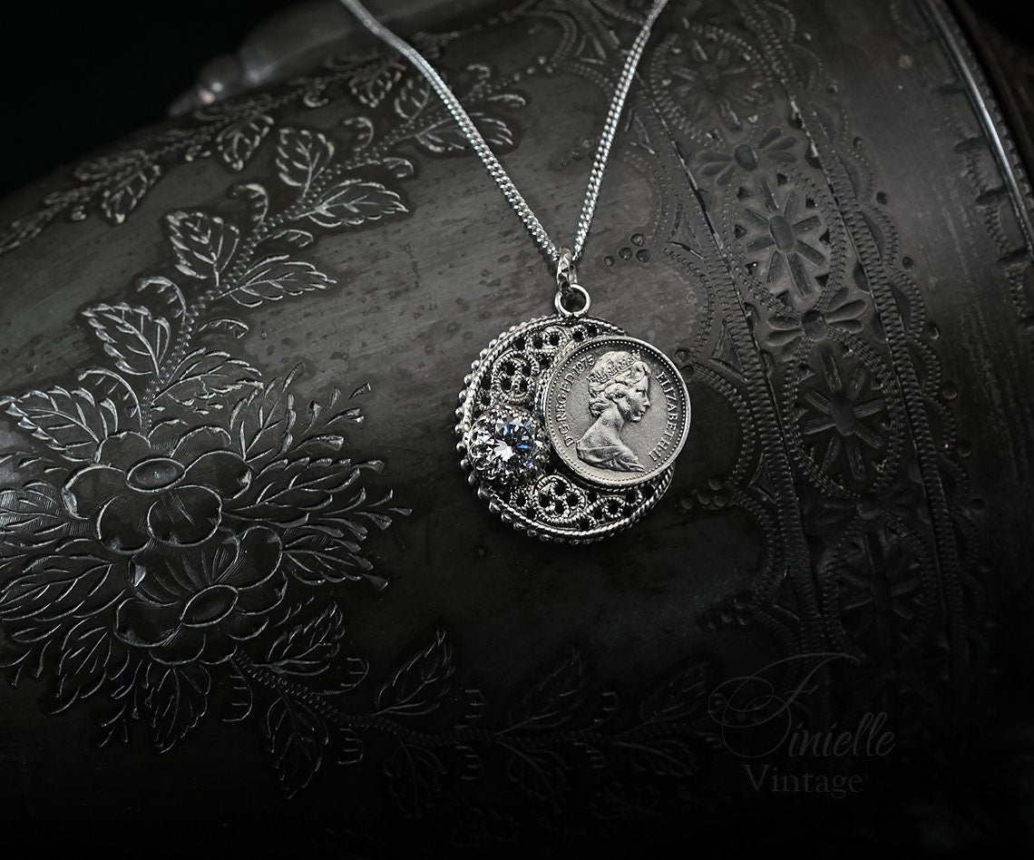 Vintage 1975 Lucky Half Penny Coin Charm Pendant Necklace | Antique Silver Plate | Sterling Silver Chain | Unique Birthday Gift