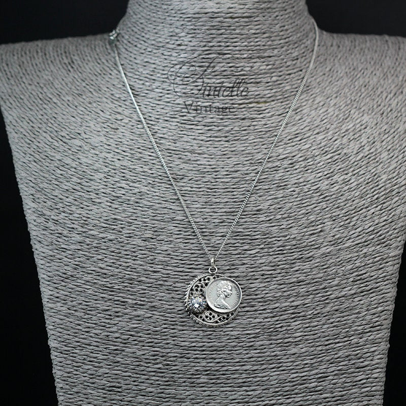 Vintage 1975 Lucky Half Penny Coin Charm Pendant Necklace | Antique Silver Plate | Sterling Silver Chain | Unique Birthday Gift