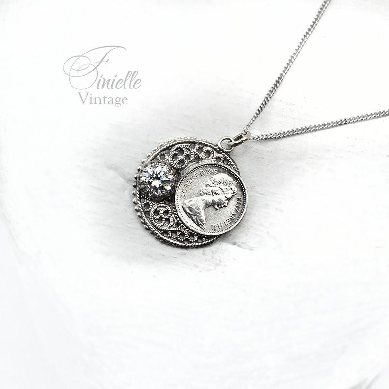 Vintage 1975 Lucky Half Penny Coin Charm Pendant Necklace | Antique Silver Plate | Sterling Silver Chain | Unique Birthday Gift